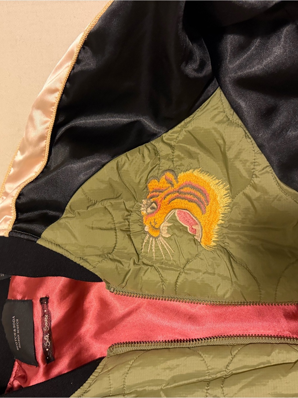 Scotch & Soda Olive Green and Black Quilted Bomber Jacket with Embroidered Eagle - Picture 4 of 5